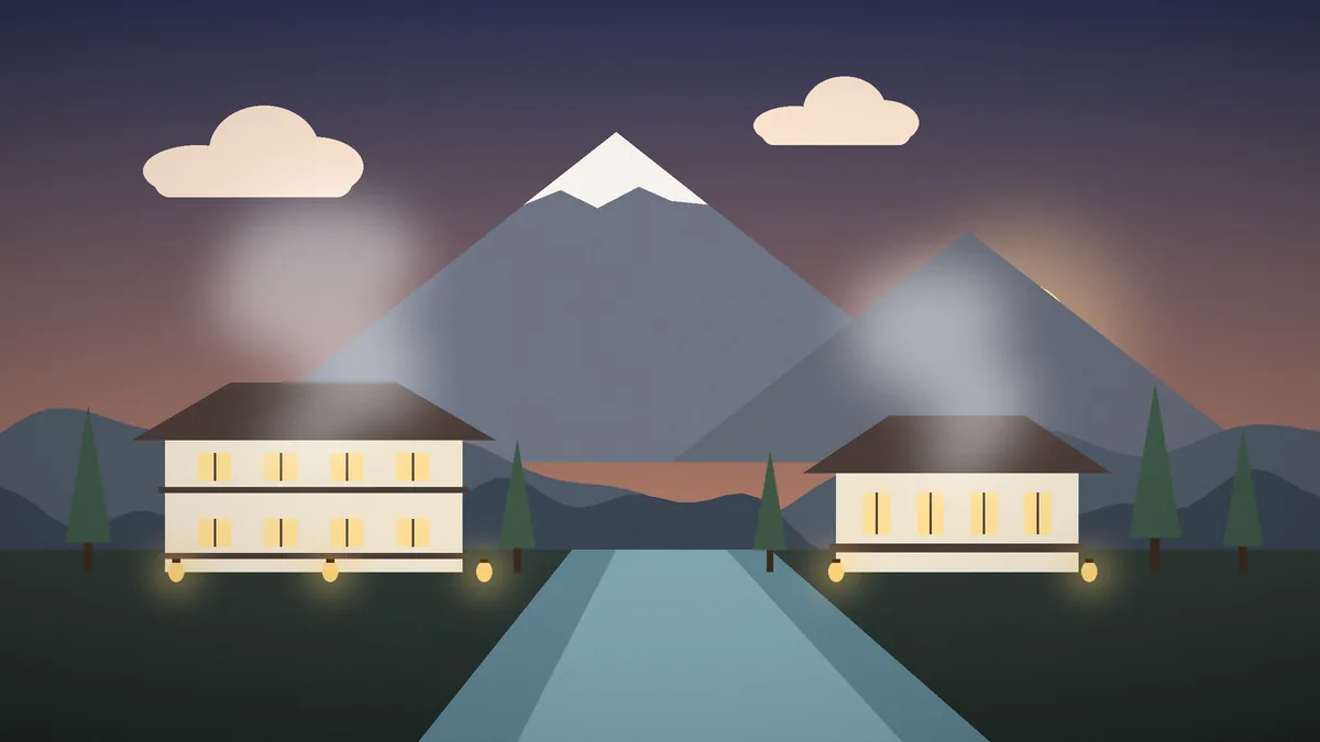 夕暮れの山あいに温泉宿が並び、湯けむりが立ちのぼるオリジナルイラスト